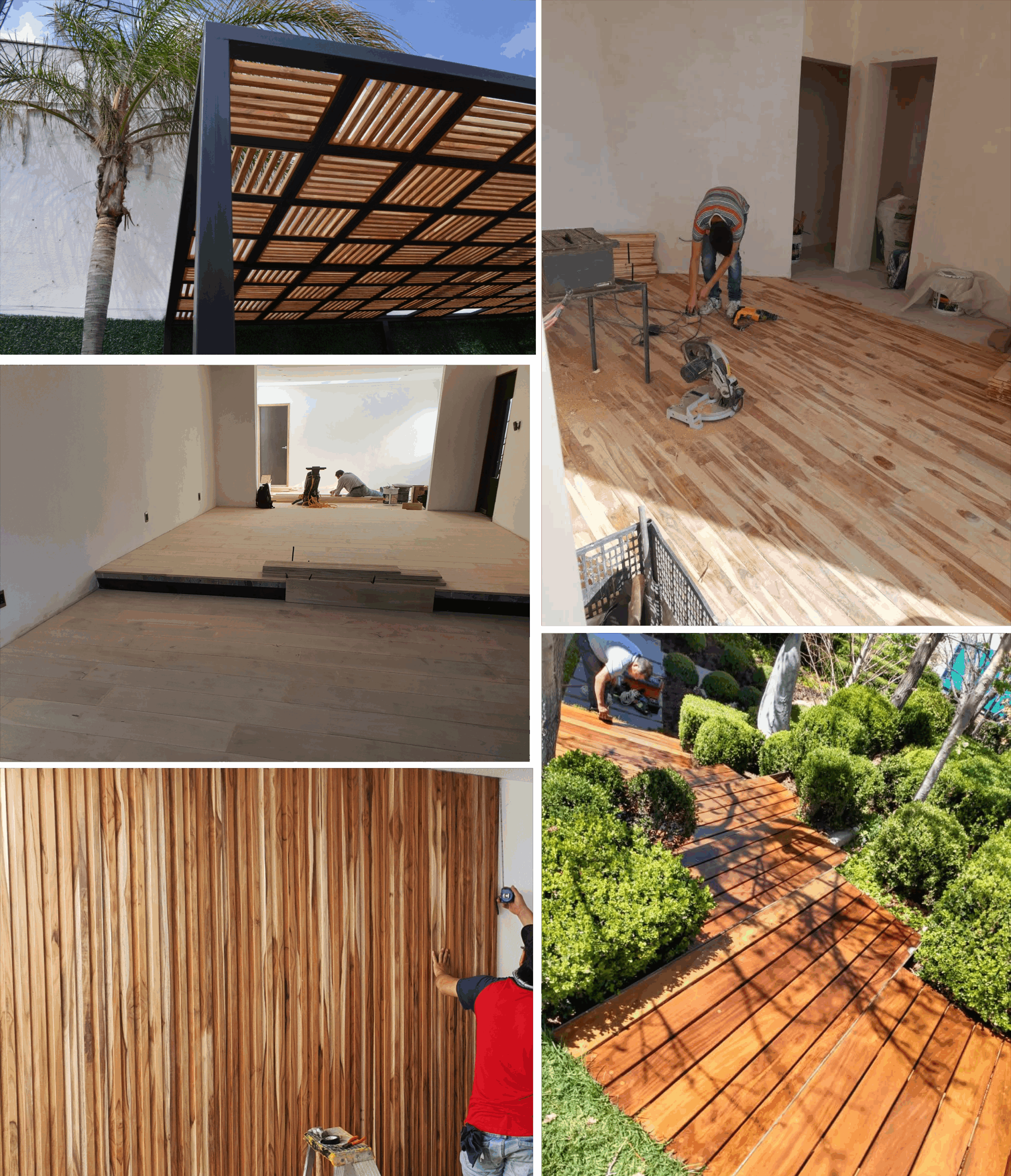 Collage de imágenes que muestran proyectos terminados de Luxury Royal Lumber con instalaciones de madera en interiores y exteriores.